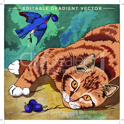 Cat and Bird. Vector illustration of a cat at home.