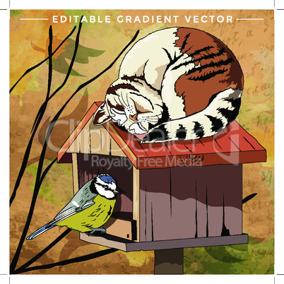 Cat and Bird. Vector illustration of a cat at home.