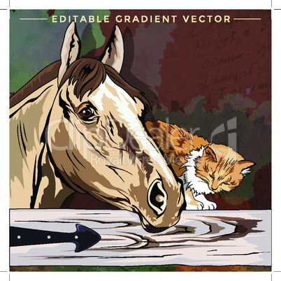 Kitten and Horse. Vector illustration of a cat at home.