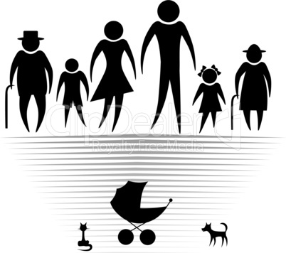 Silhouettes of woman man kid grandfather grandmother family, vector illustration. Element for design icon