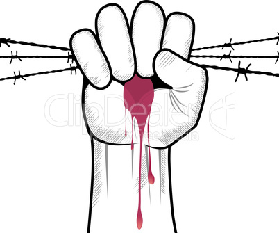 Clenched fist hand in blood with barbed wire vector. Victory, revolt concept. Revolution, solidarity, punch, strong, strike, change illustration. Element for design.