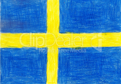 Sweden flag, pencil drawing illustration kid style photo image