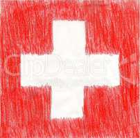Switzerland swiss flag, pencil drawing illustration kid style photo image