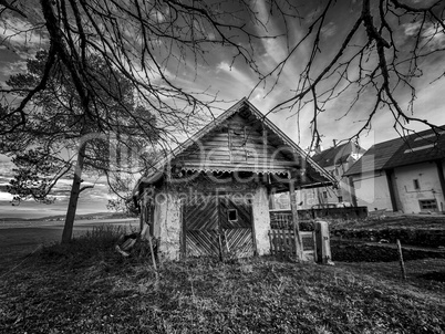 Spooky cottage in black and white