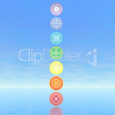 Seven chakra symbols column - 3D render