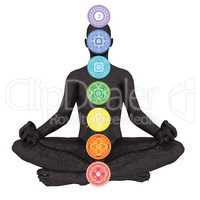 Seven chakra symbols column on black human being - 3D render