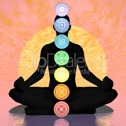 Seven chakra symbols column on black human being by sunset - 3D render