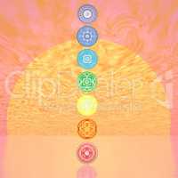 Seven chakra symbols column by sunset - 3D render