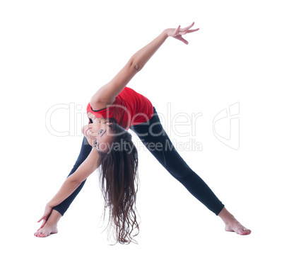 Happy flexible woman doing workout at camera