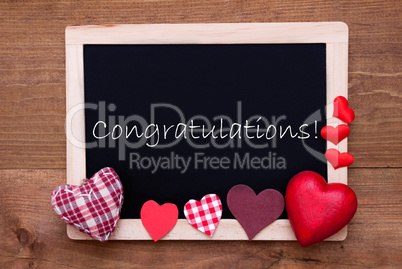 Blackboard With Textile Hearts, Text Congratulations