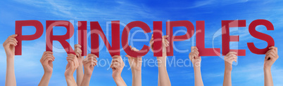 Many People Hands Holding Red Straight Word Principles Blue Sky