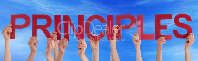 Many People Hands Holding Red Straight Word Principles Blue Sky