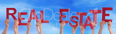 People Hands Holding Red Word Real Estate Blue Sky