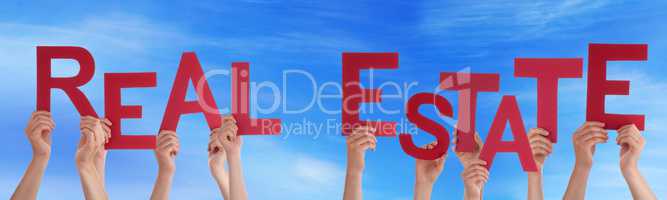 People Hands Holding Red Word Real Estate Blue Sky