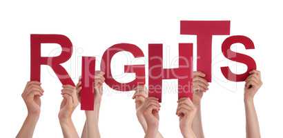 Many People Hands Holding Red Word Rights
