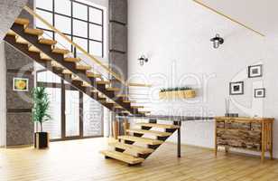 Hall with staircase interior 3d rendering