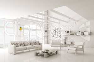 White living room interior 3d rendering