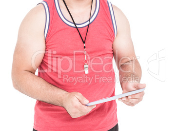 Athlete holding a digital tablet
