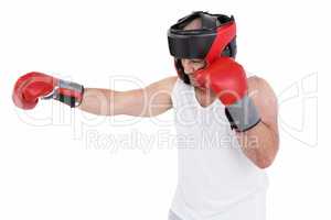 Boxer wearing head protector and gloves