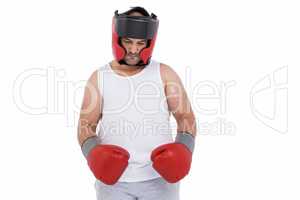 Boxer wearing head protector and gloves