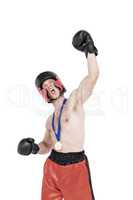 Boxer wearing gold medal performing boxing stance