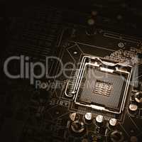 PC motherboard closeup, blue tone