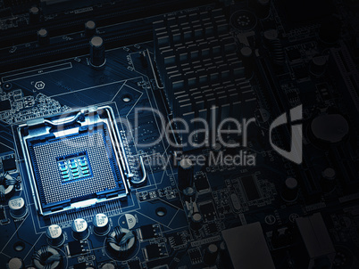PC motherboard closeup, blue tone