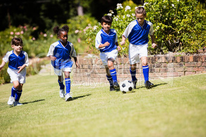 Children wearing soccer uniform playing a match