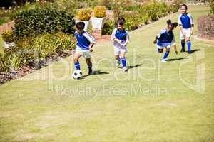 Children wearing soccer uniform playing a match