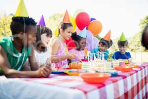 Group of children are around a table during a birthday party