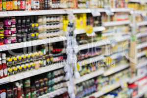 Side view of supermarket shelves