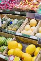 Side view of supermarket shelves