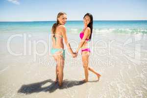 Female friends holding hands on beach