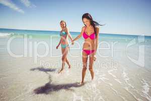 Female friends holding hands on beach