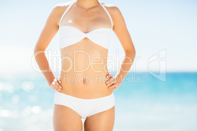 Mid section of woman in bikini standing on beach