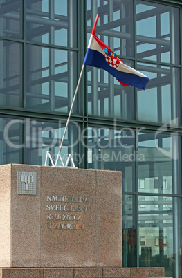 Croatian flag in front of National and University Library in Zag