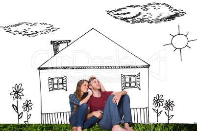Composite image of young couple is sitting in front of house dra