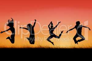 Composite image of figures are jumping