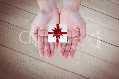 Composite image of someone is holding a small present