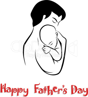 Dad and child in lovely hug. Fathers day card. Happy young man holding baby, vector isolated on white.