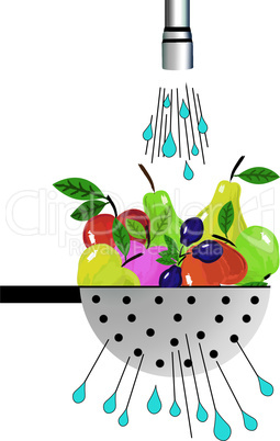 Metal colander and fruit. Illustration of colander with fruit placed under the water