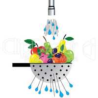 Metal colander and fruit. Illustration of colander with fruit placed under the water