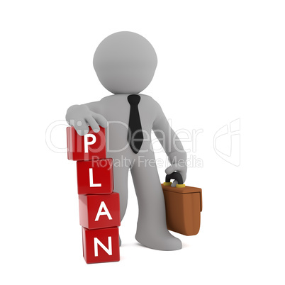 3d business man with red cubes and the word plan