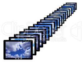 tablets in row with different images of sky isolated