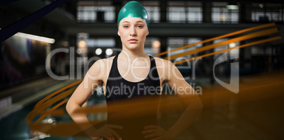 Composite image of feet of woman standing on the edge of the pool