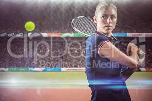 Composite image of tennis player playing tennis with a racket