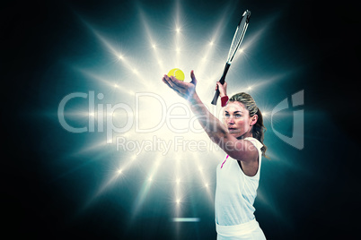 Composite image of athlete holding a tennis racquet ready to ser