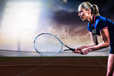 Composite image of tennis player playing tennis with a racket