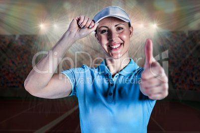 Composite image of sportswoman posing on black background