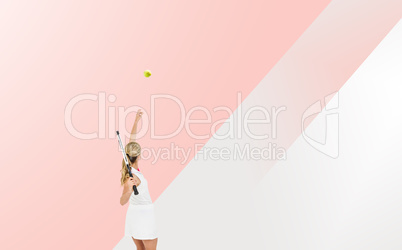 Composite image of athlete holding a tennis racquet ready to ser